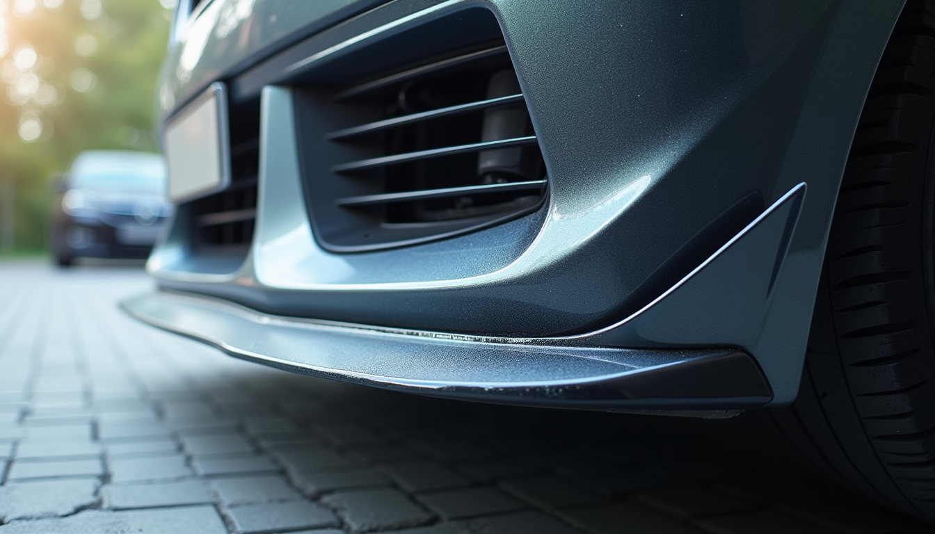 Shiny car front bumper with clear paint protection film, showing no scratches or damage
